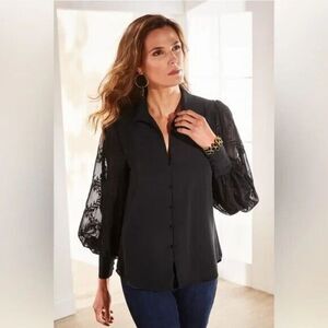 SOFT SURROUNDINGS Black Lorenza Blouse Women Large Embroidered Sheer Sleeve Top